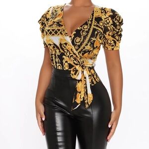 Fashion Nova “I Don’t Speak Broke” Baroque Wrap Bodysuit NWT M